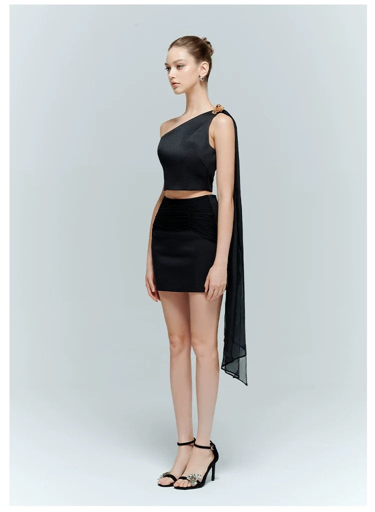 Artel Retro Black Asymmetric Neckline Top Mini Skirt Set