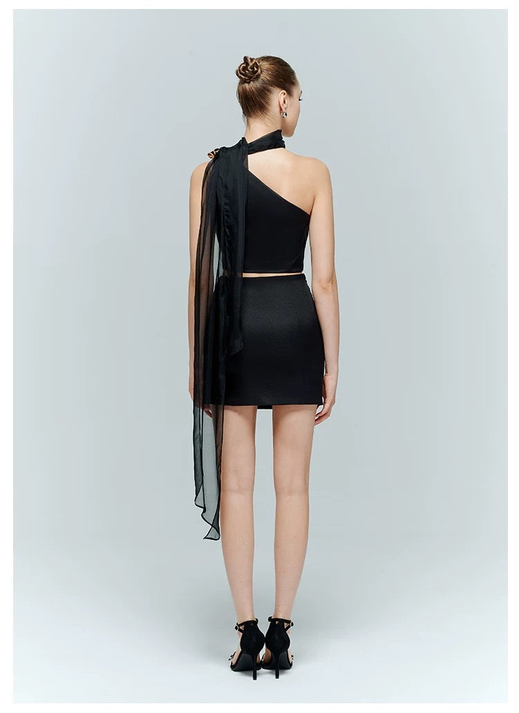 Artel Retro Black Asymmetric Neckline Top Mini Skirt Set