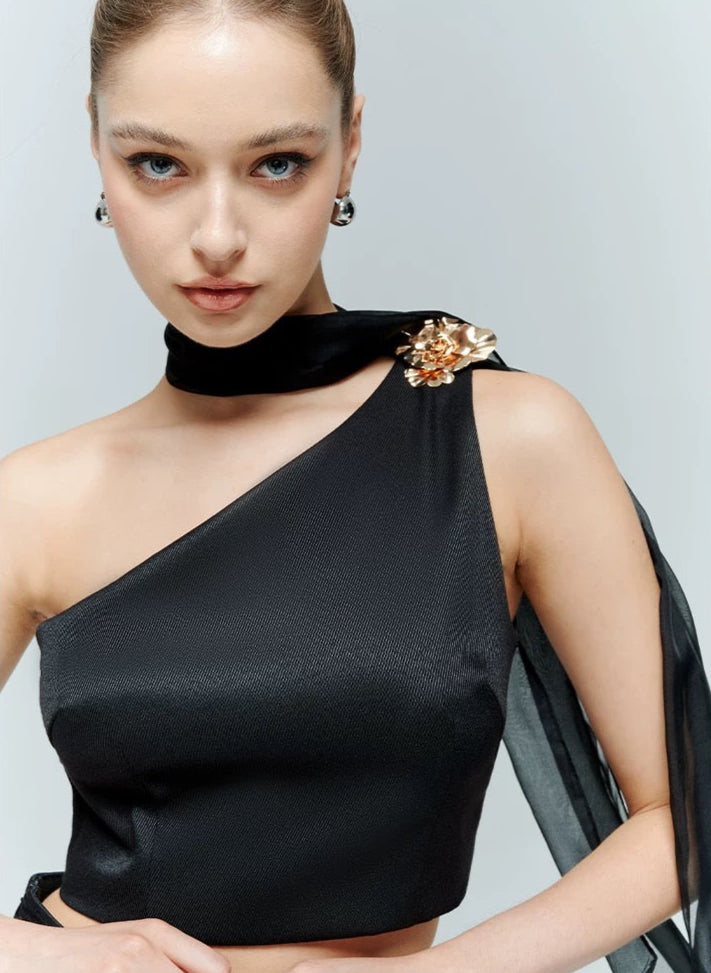 Artel Retro Black Asymmetric Neckline Top Mini Skirt Set