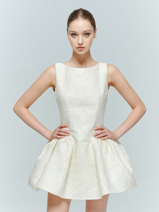 Artel Retro White Floral Texture Sleeveless Sabrina Pearl Embellished Backless Mini Dress