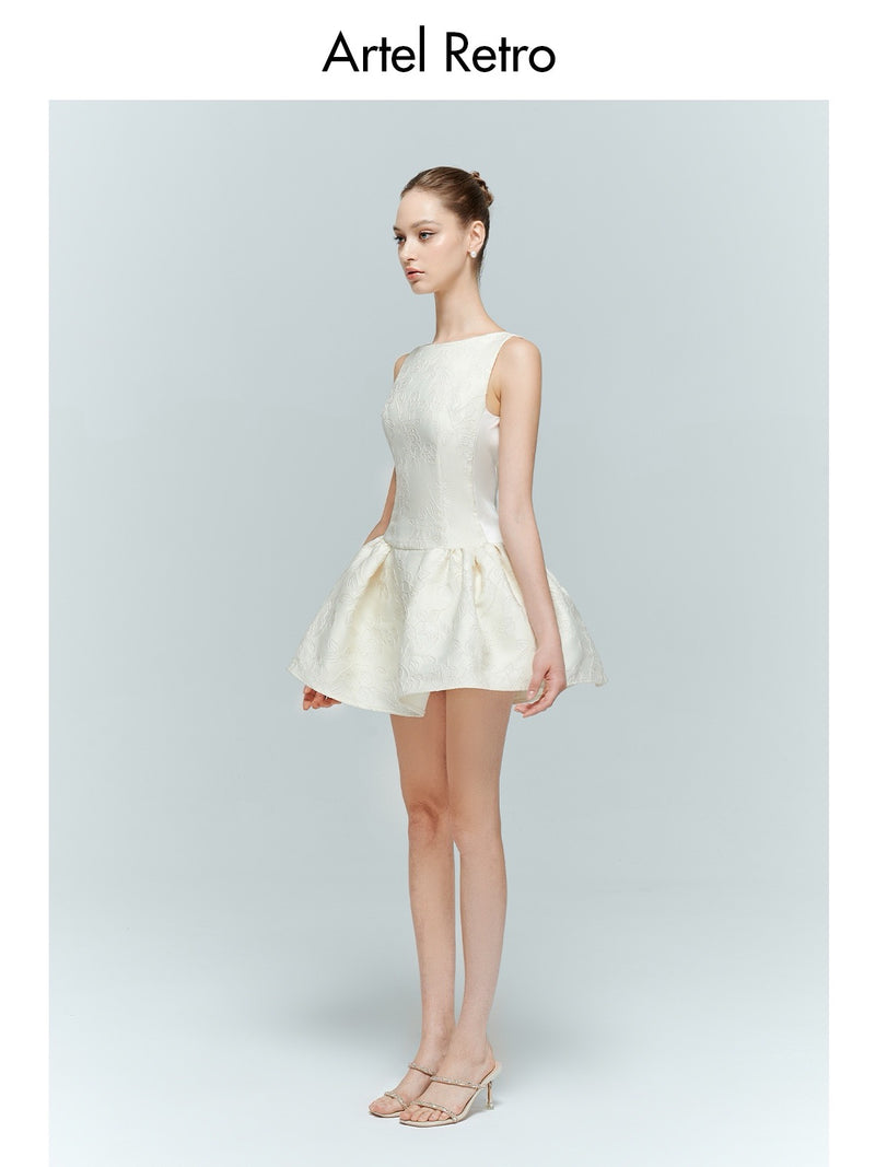 White Floral Texture Sleeveless Sabrina Pearl Embellished Backless Mini Dress