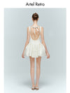 White Floral Texture Sleeveless Sabrina Pearl Embellished Backless Mini Dress