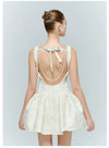 White Floral Texture Sleeveless Sabrina Pearl Embellished Backless Mini Dress