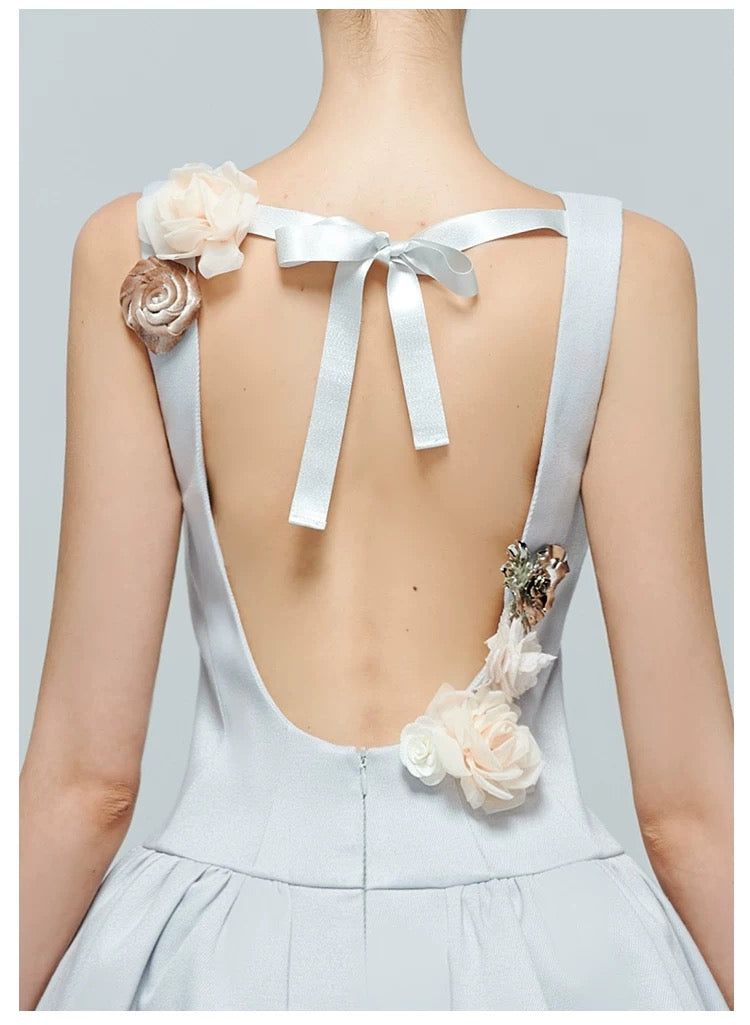 Blue Floral Texture Sleeveless Sabrina Floral Embellished Backless Mini Dress