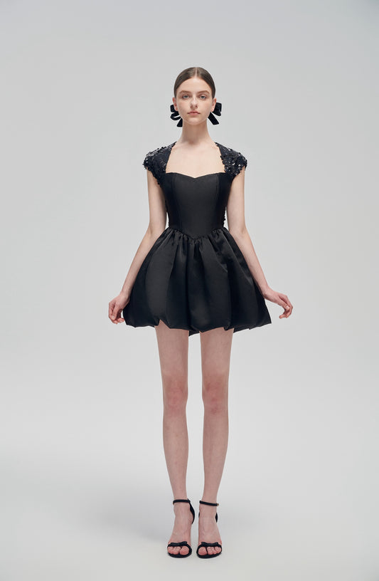Black Back Heart Sequins Queen Anne Mini Dress