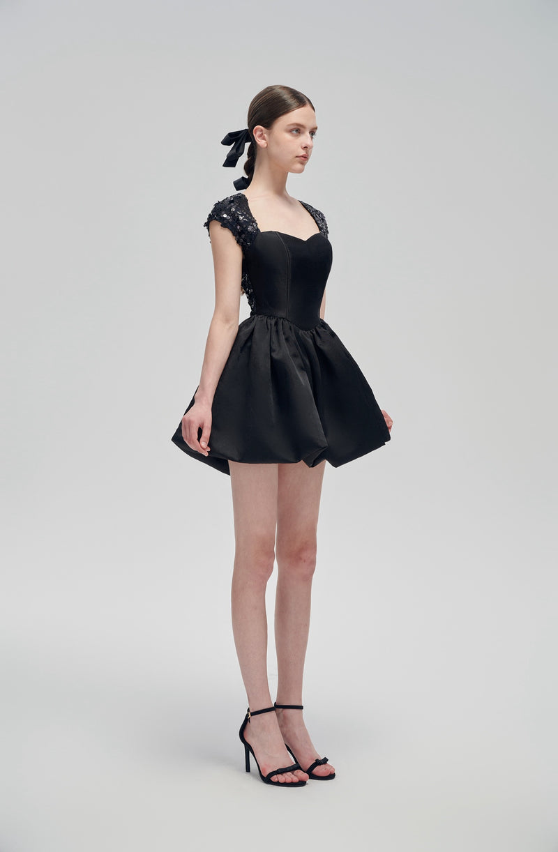 Black Back Heart Sequins Queen Anne Mini Dress