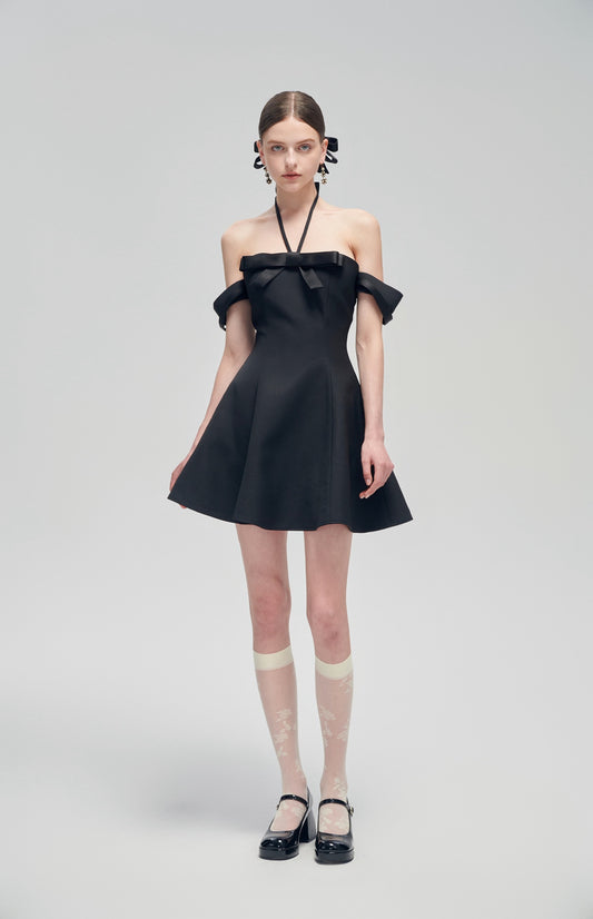 Black Classic Off-Shoulder Satin Mini Dress