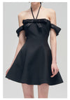 Black Classic Off-Shoulder Satin Mini Dress