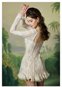 Laura White Lace Waisted long-sleeve mini dress