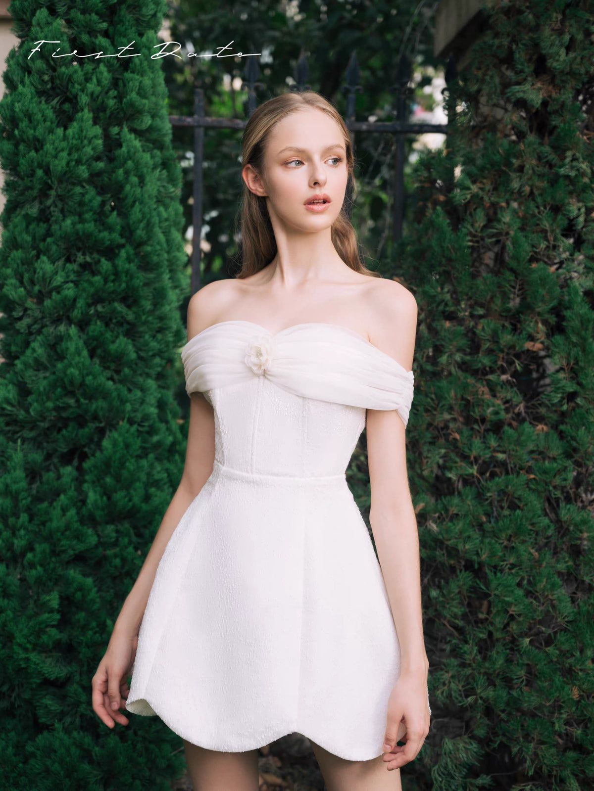 First Date Camellia Off-Shoulder Date Sweet Off-Shoulder Dress