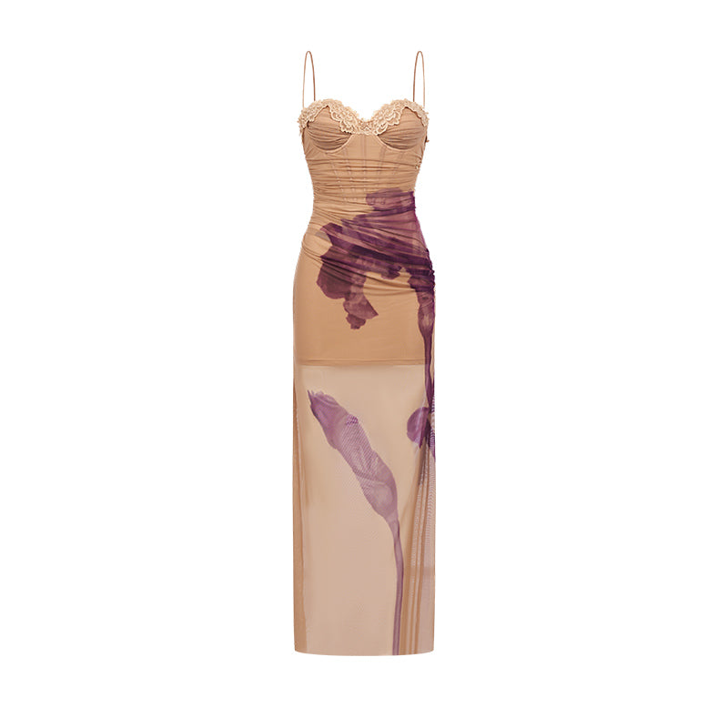 Sheer Luck Iris Brown Print Mesh Maxi Dress