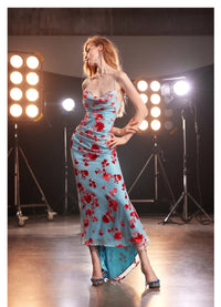 Hana Pomegranate Flocked Trailing Maxi Dress