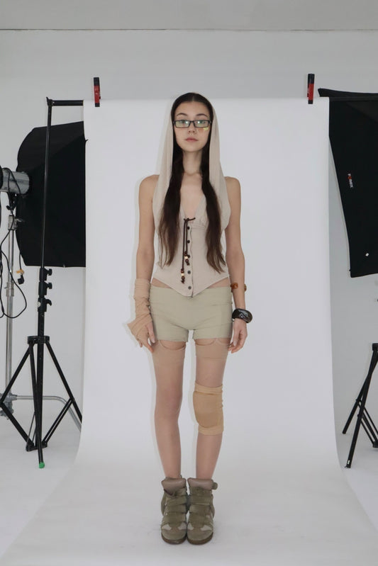 BNFROM beeds drape hood top [beige]