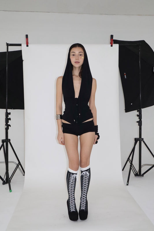BNFROM beeds drape hood top [black]
