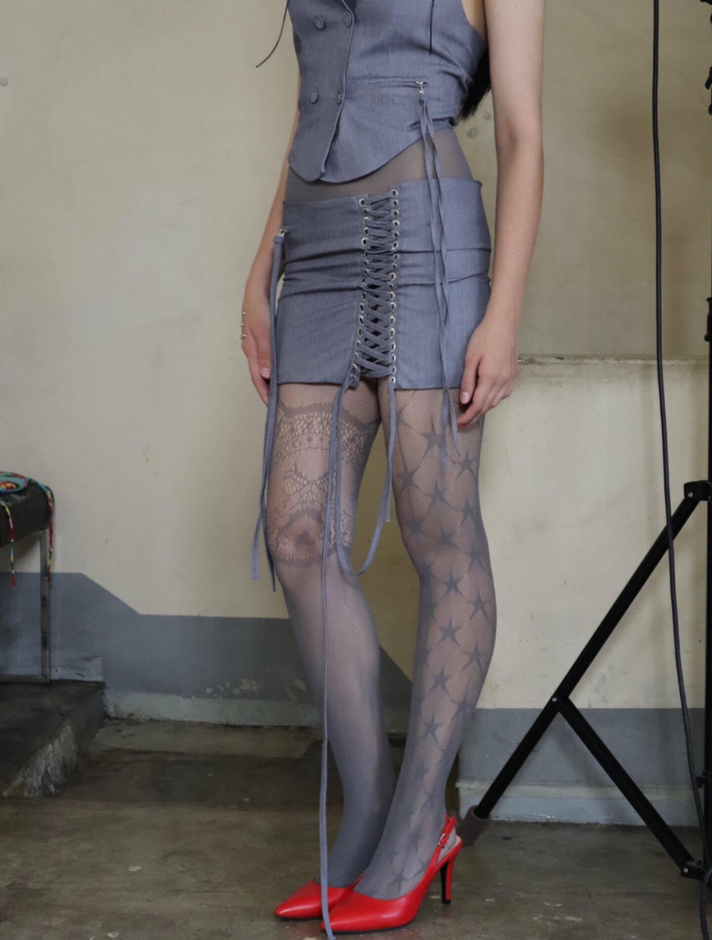 BNFROM gray eyelet lace-up mini skirt [gray]