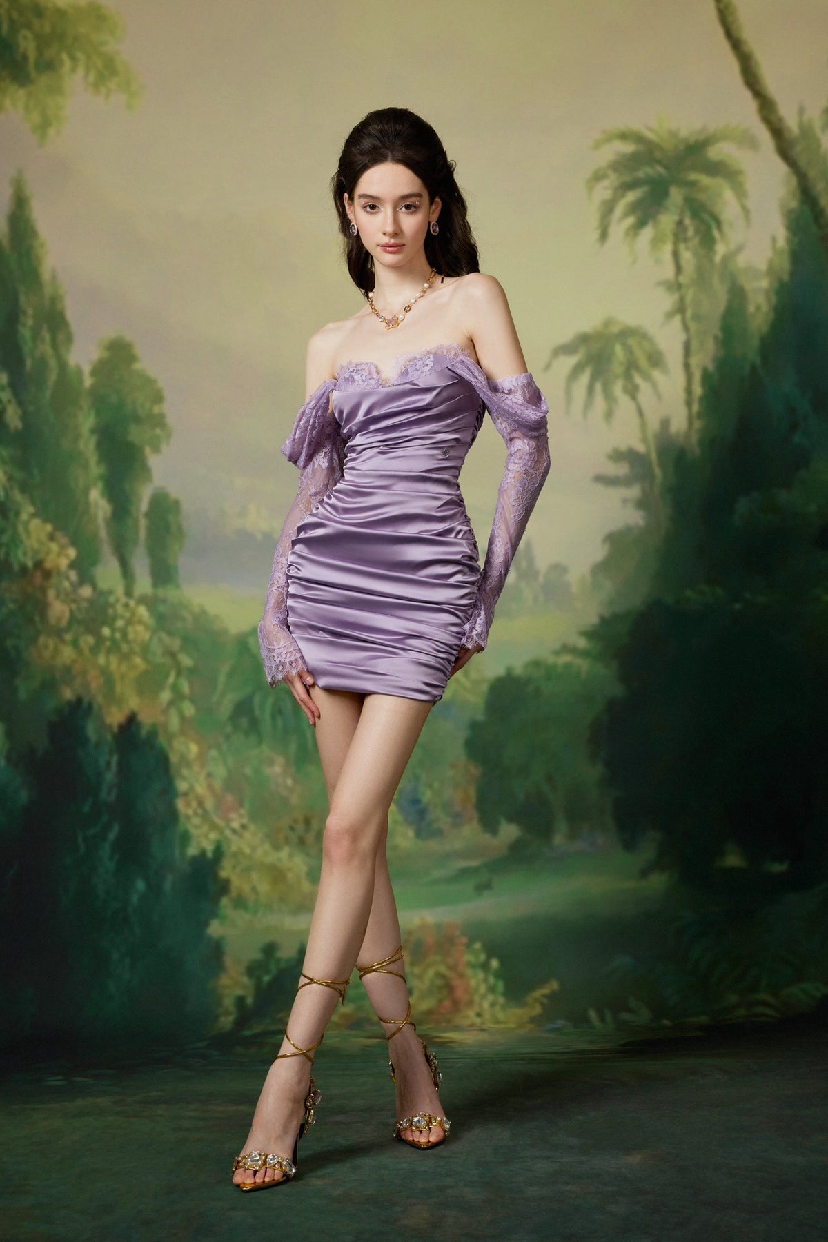 Sheer Luck Belle Lace Satin Wrap Hip Mini Dress