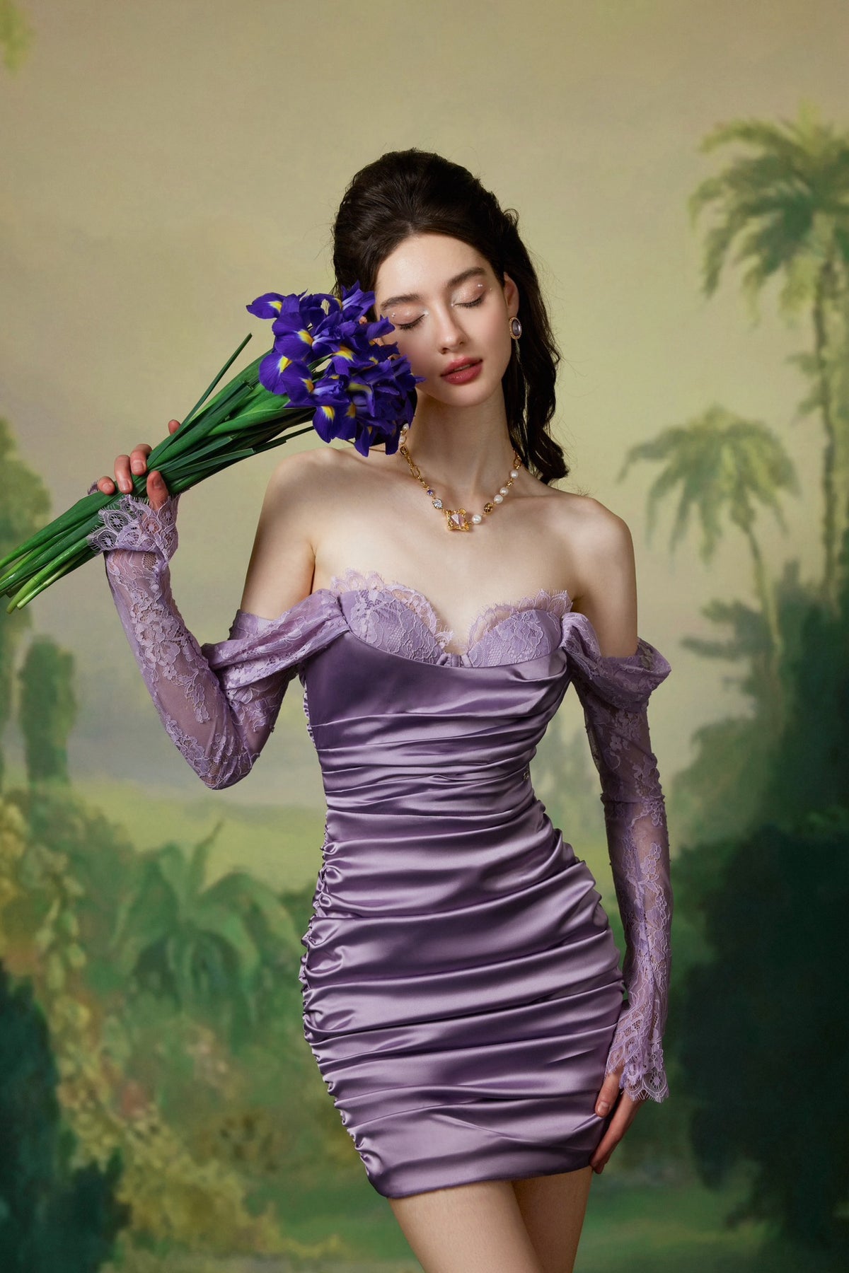 Sheer Luck Belle Lace Satin Wrap Hip Mini Dress
