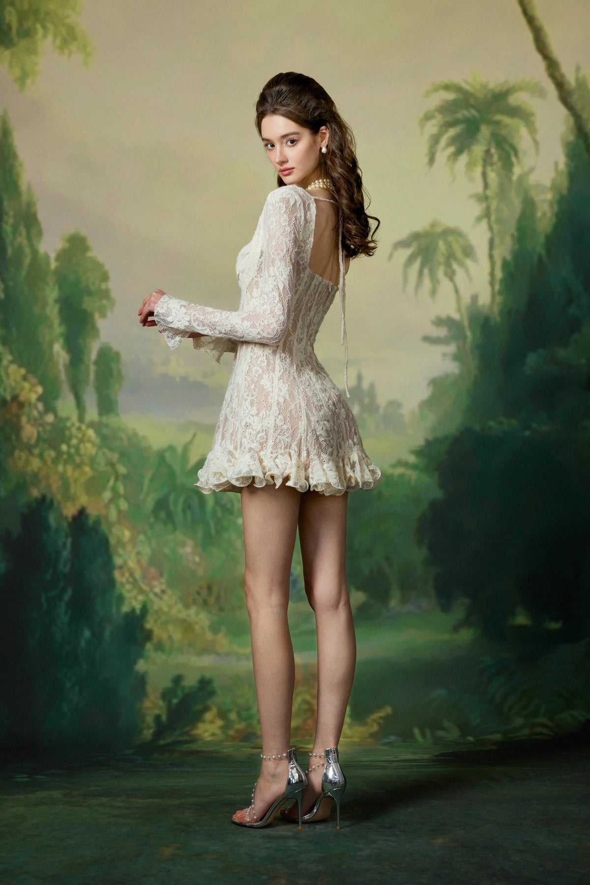 Sheer Luck Laura White Lace Waisted Long-sleeve Mini Dress