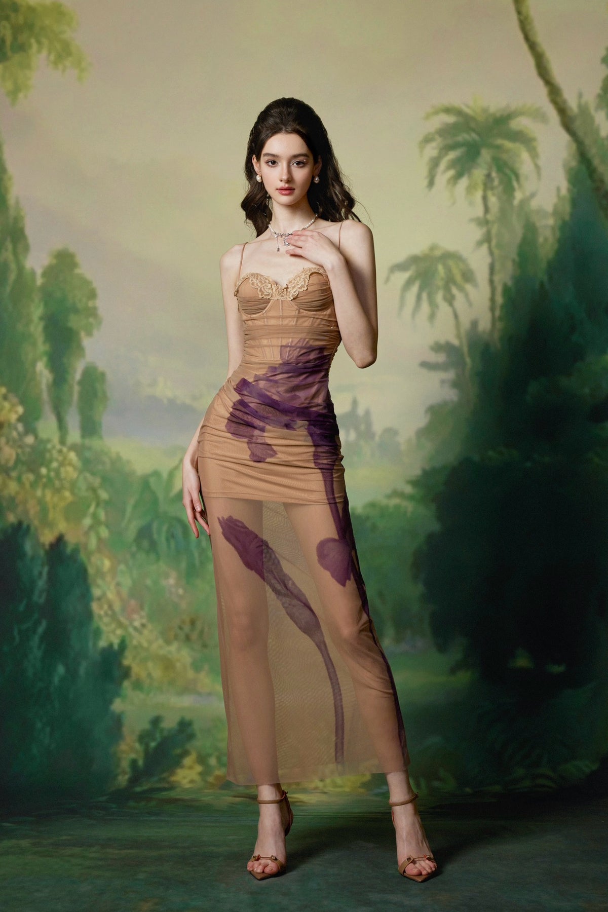 Sheer Luck Iris Brown Print Mesh Maxi Dress