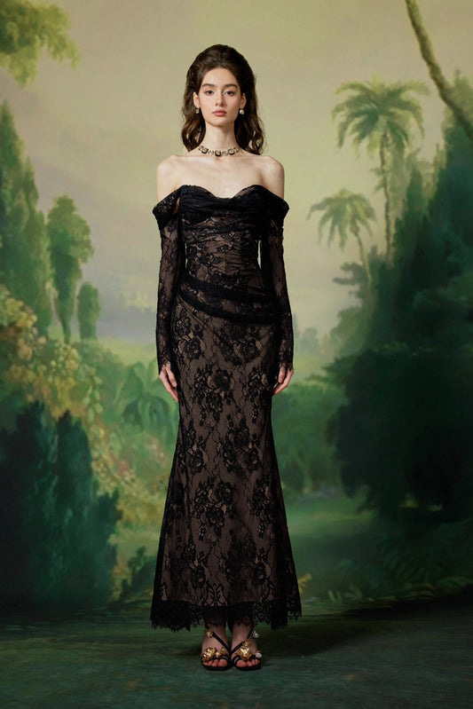 Sheer Luck Ariel Black Lace Off-shoulder Maxi Dress