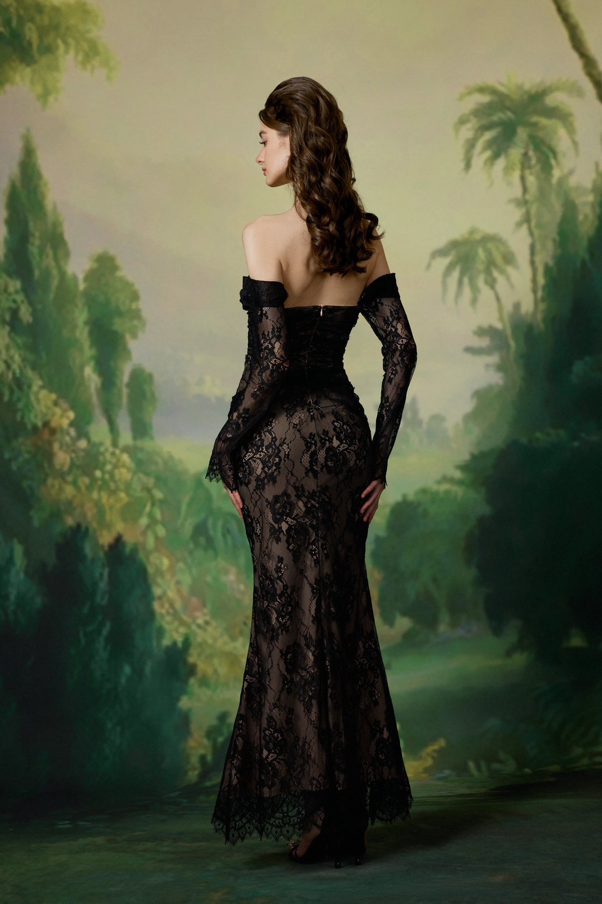 Sheer Luck Ariel Black Lace Off-shoulder Maxi Dress
