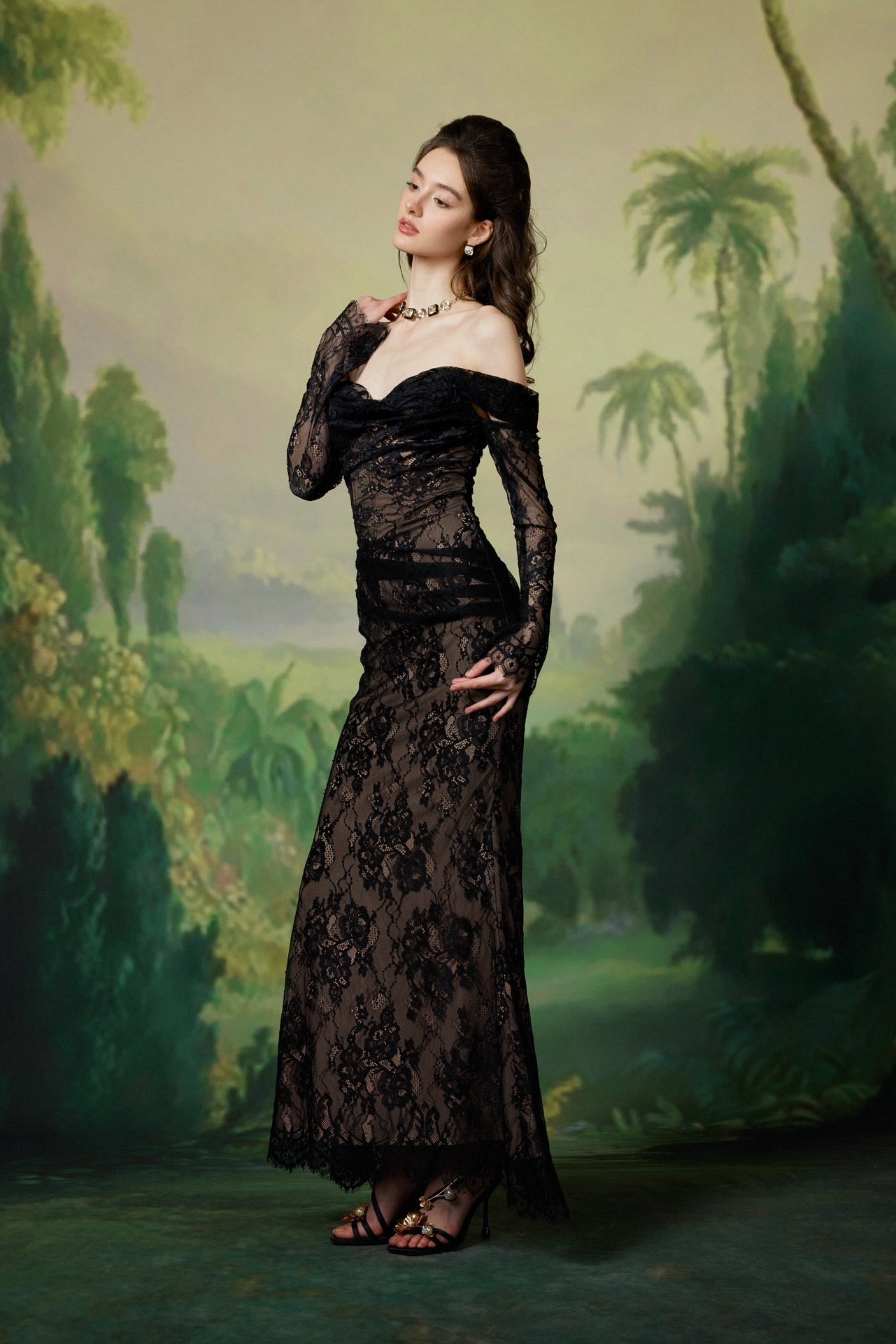 Sheer Luck Ariel Black Lace Off-shoulder Maxi Dress M