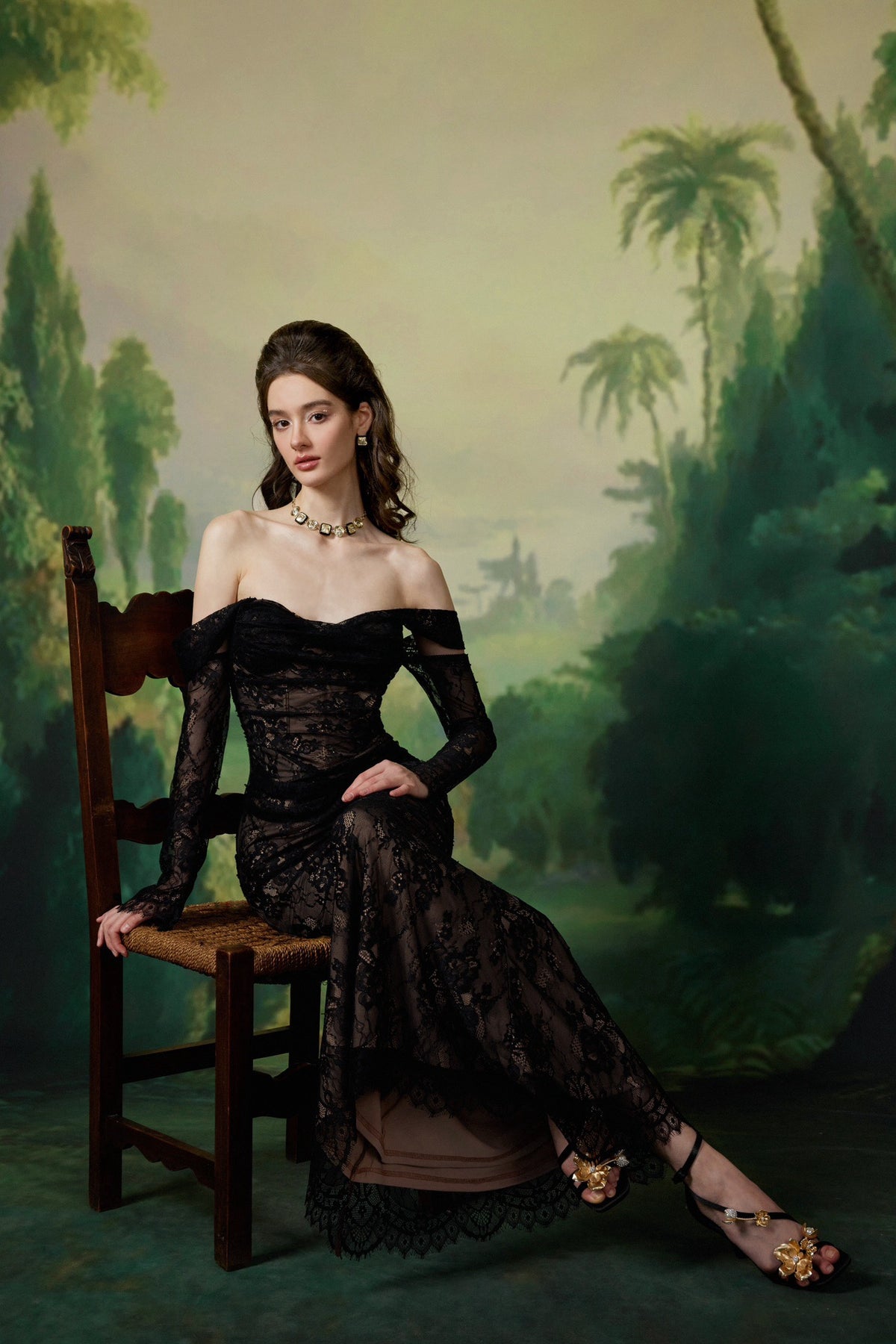 Sheer Luck Ariel Black Lace Off-shoulder Maxi Dress