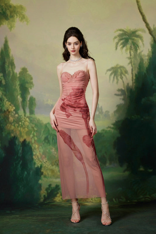 Sheer Luck Iris Pink Print Mesh Maxi Dress