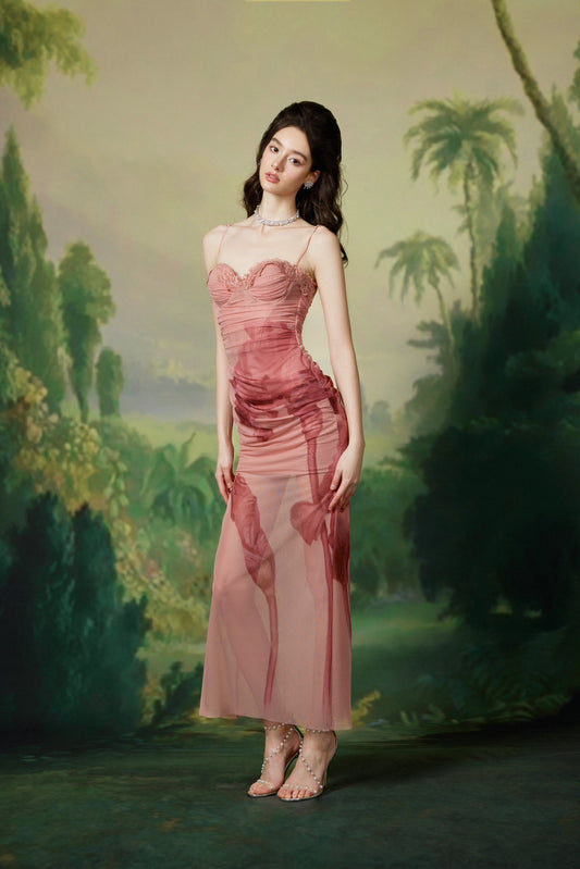 Sheer Luck Iris Pink Print Mesh Maxi Dress