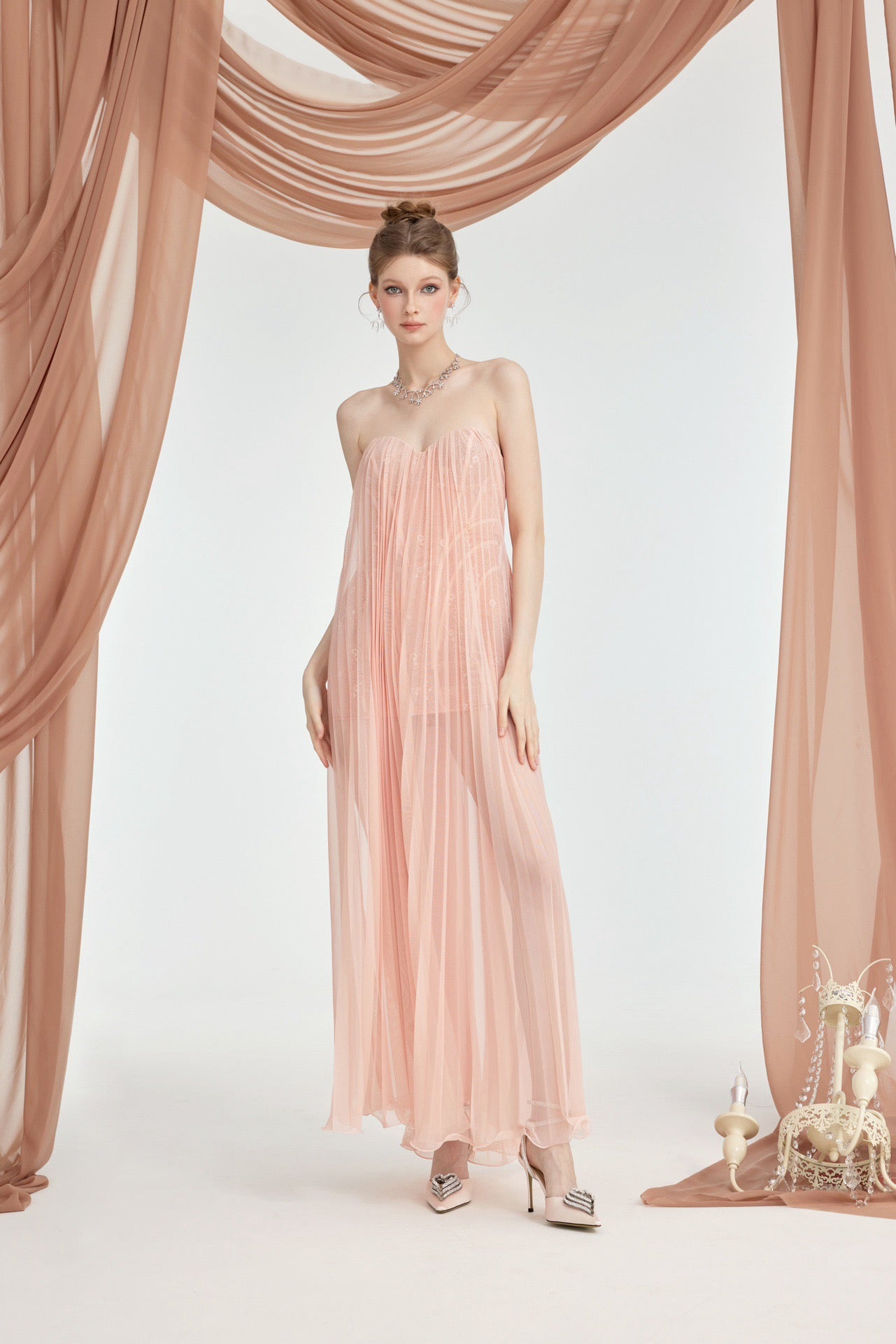 Sheer Luck Thea Sheath Mesh Backless Maxi Dress (Light Pink) S