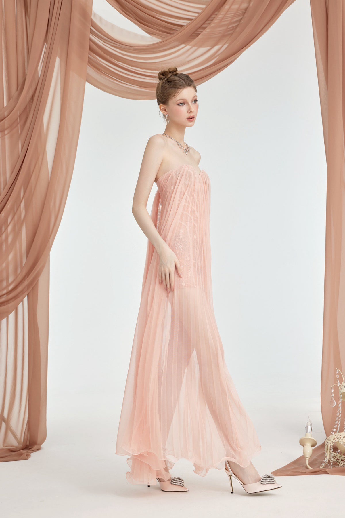 Sheer Luck Thea Sheath Mesh Backless Maxi Dress (Light Pink)
