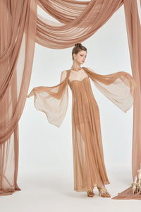 Sheer Luck Thea Sheath Mesh Backless Maxi Dress (Light Brown)