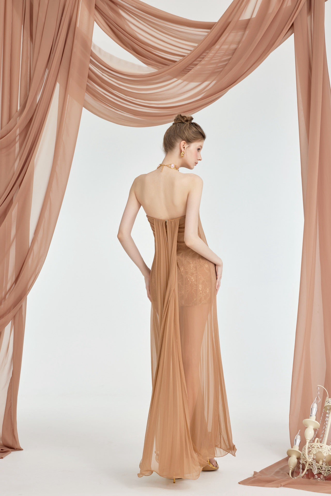 Sheer Luck Thea Sheath Mesh Backless Maxi Dress (Light Brown