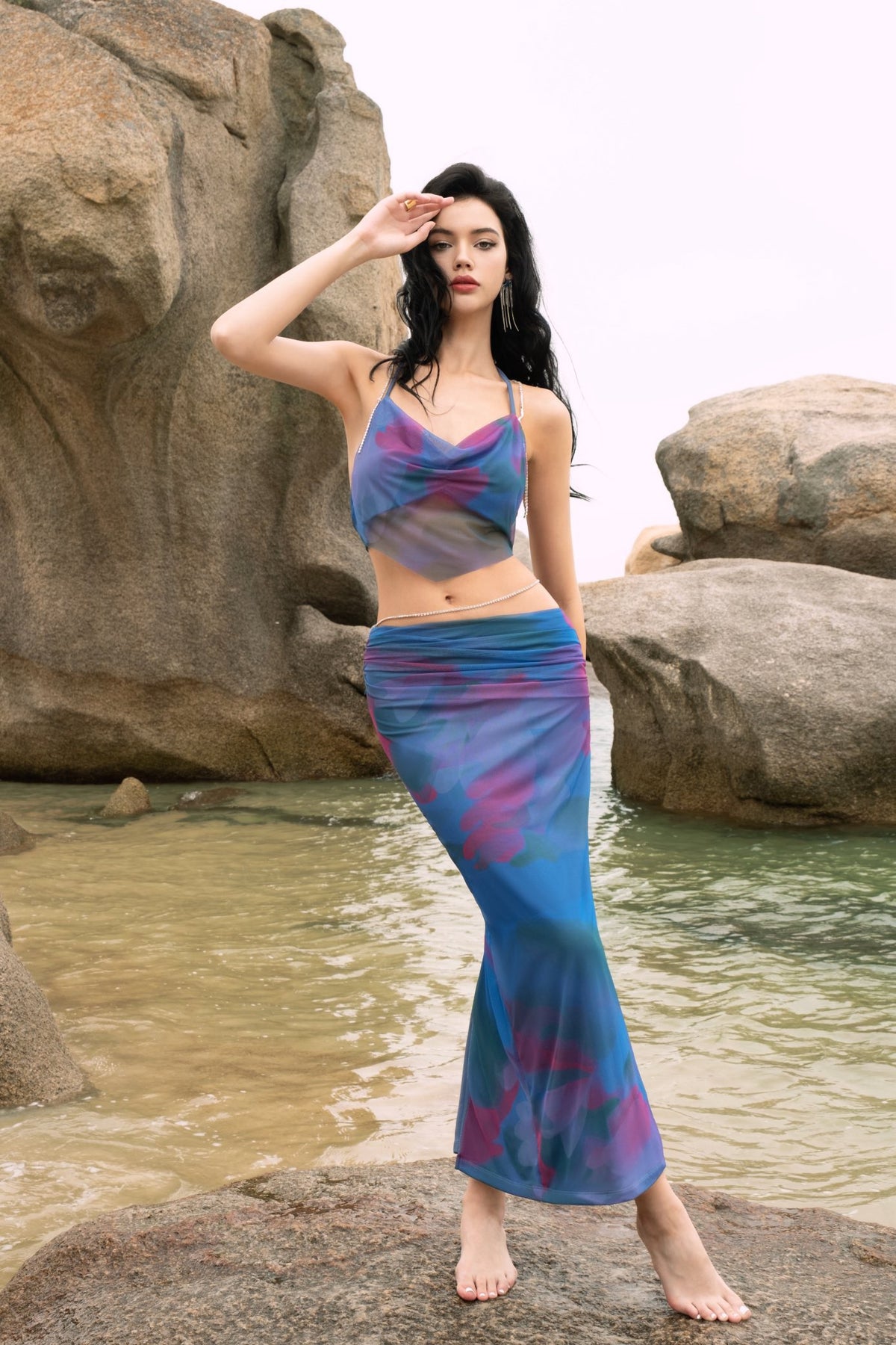 Sheer Luck PB Printed Top High Split Maxi Skirt Set