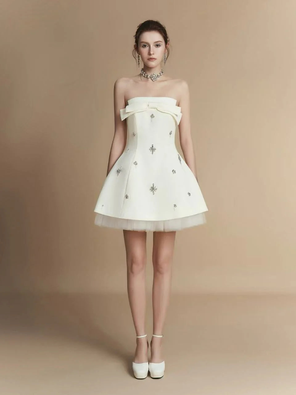 LAMORIS White Strapless Bow Dress