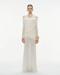 MOLLYNISTA Off-Shoulder Draped Mesh Dress (white)