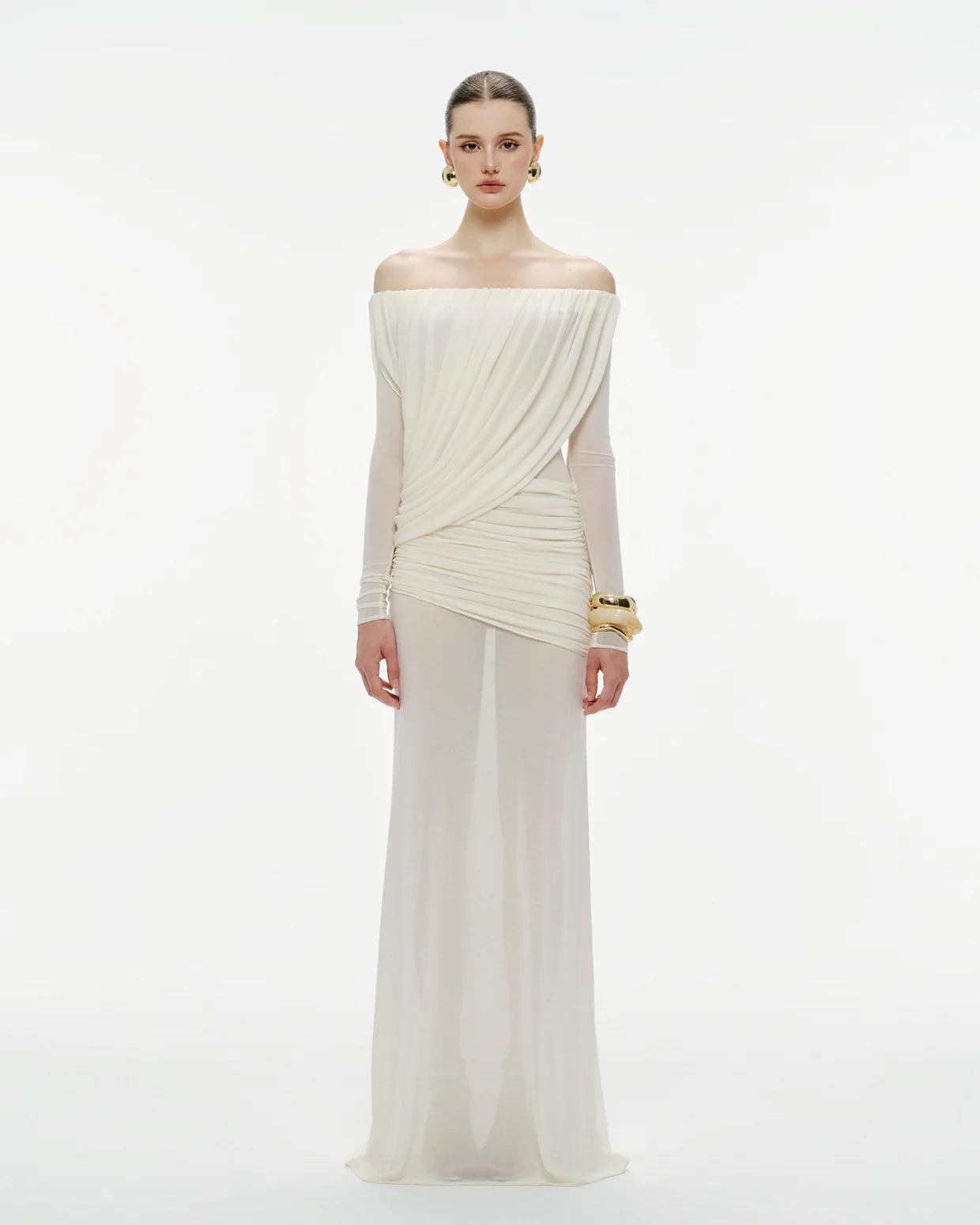 MOLLYNISTA Off-Shoulder Draped Mesh Dress (white)