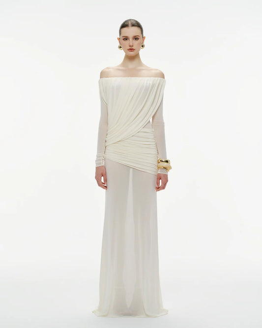 MOLLYNISTA Off-Shoulder Draped Mesh Dress (white)