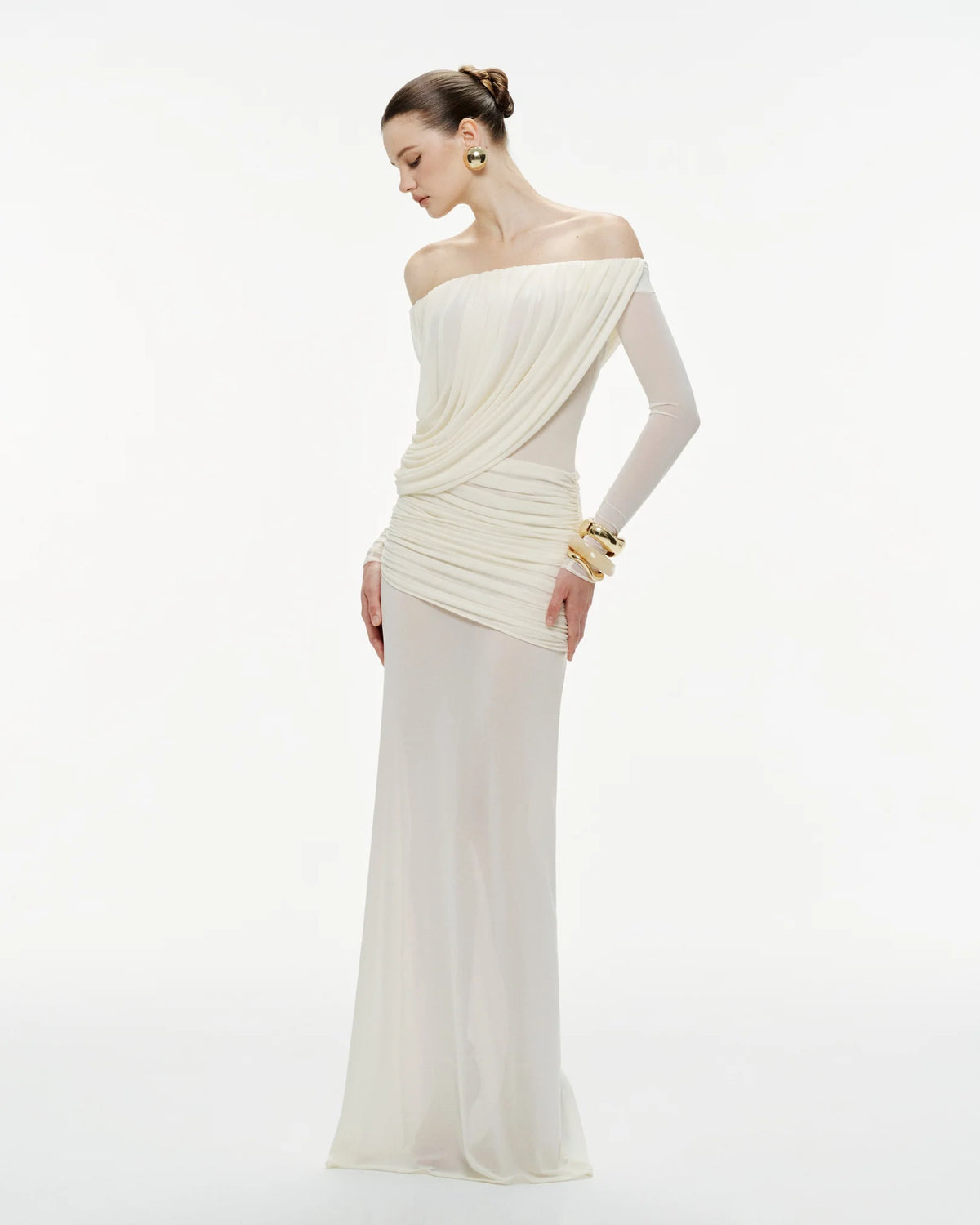 MOLLYNISTA Off-Shoulder Draped Mesh Dress (white)