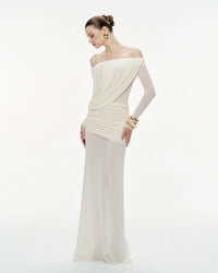 MOLLYNISTA Off-Shoulder Draped Mesh Dress (white)