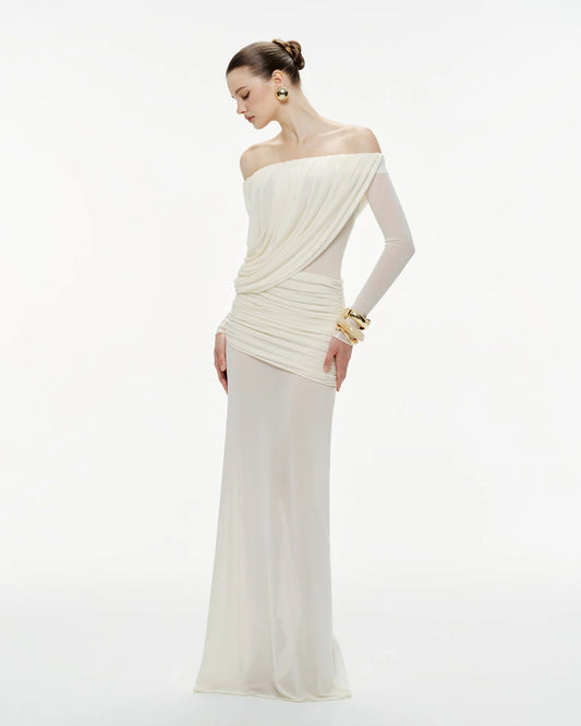 MOLLYNISTA Off-Shoulder Draped Mesh Dress (white)