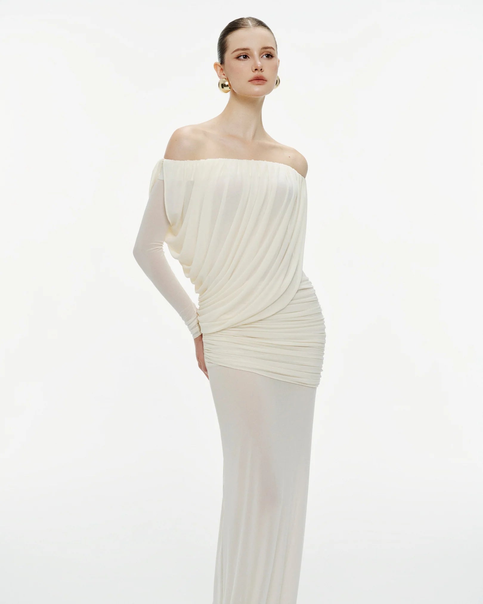 MOLLYNISTA Off-Shoulder Draped Mesh Dress (white)