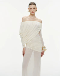 MOLLYNISTA Off-Shoulder Draped Mesh Dress (white)