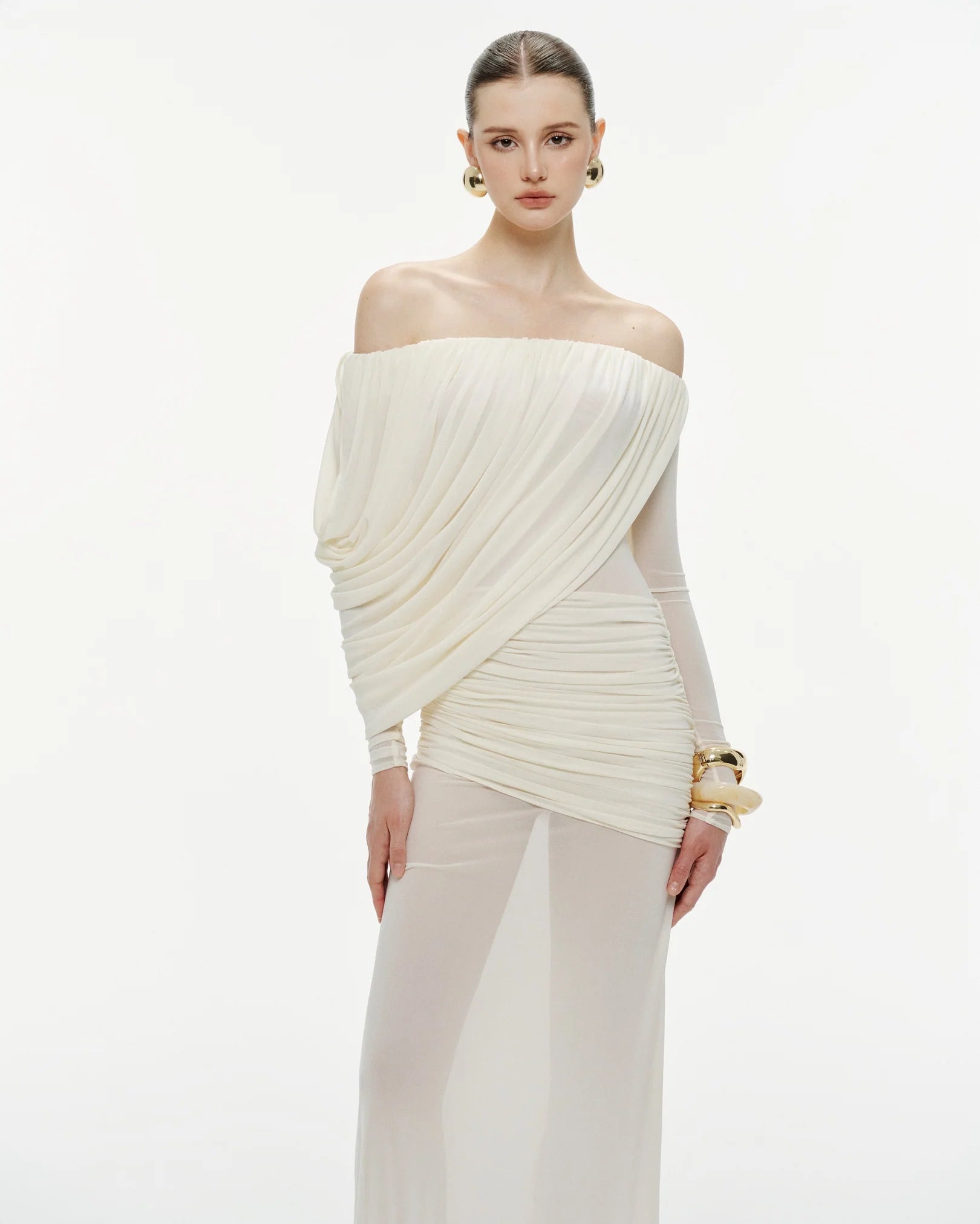 MOLLYNISTA Off-Shoulder Draped Mesh Dress (white)