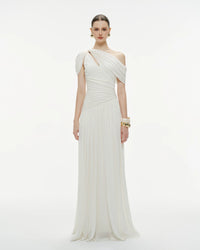 MOLLYNISTA Pleated Draped Shoulder Dress (white)