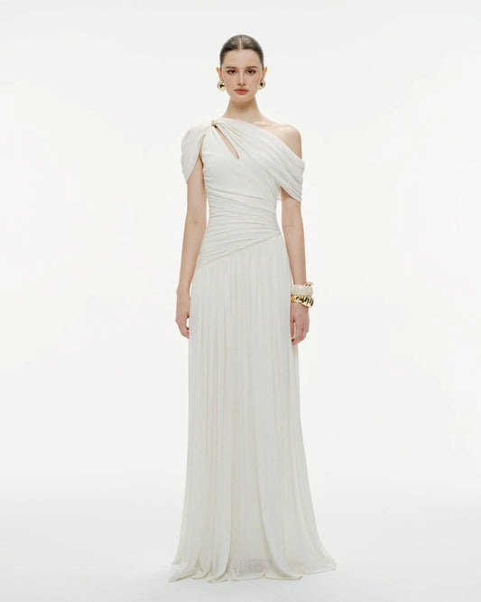 MOLLYNISTA Pleated Draped Shoulder Dress (white)