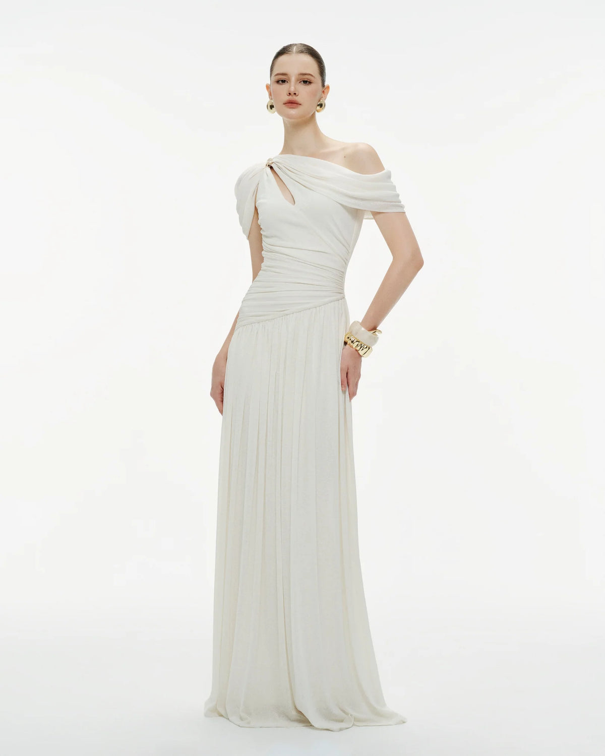 MOLLYNISTA Pleated Draped Shoulder Dress (white)