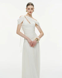 MOLLYNISTA Pleated Draped Shoulder Dress (white)