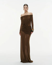 MOLLYNISTA Off-Shoulder Draped Mesh Dress (brown)
