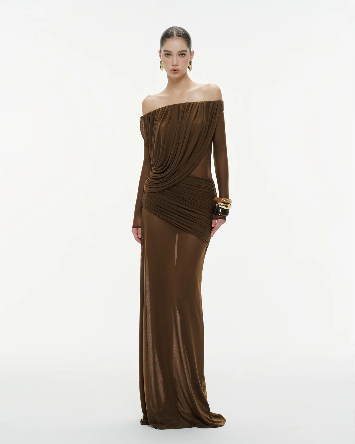 MOLLYNISTA Off-Shoulder Draped Mesh Dress (brown)